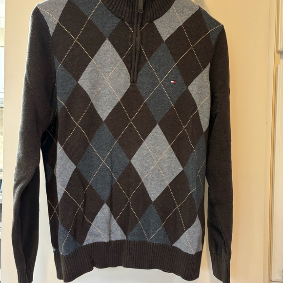 Tommy Hilfiger Plaid Sweater |Size Small| Dark Brown Light & Dark Gray w/zipper - Picture 5 of 11
